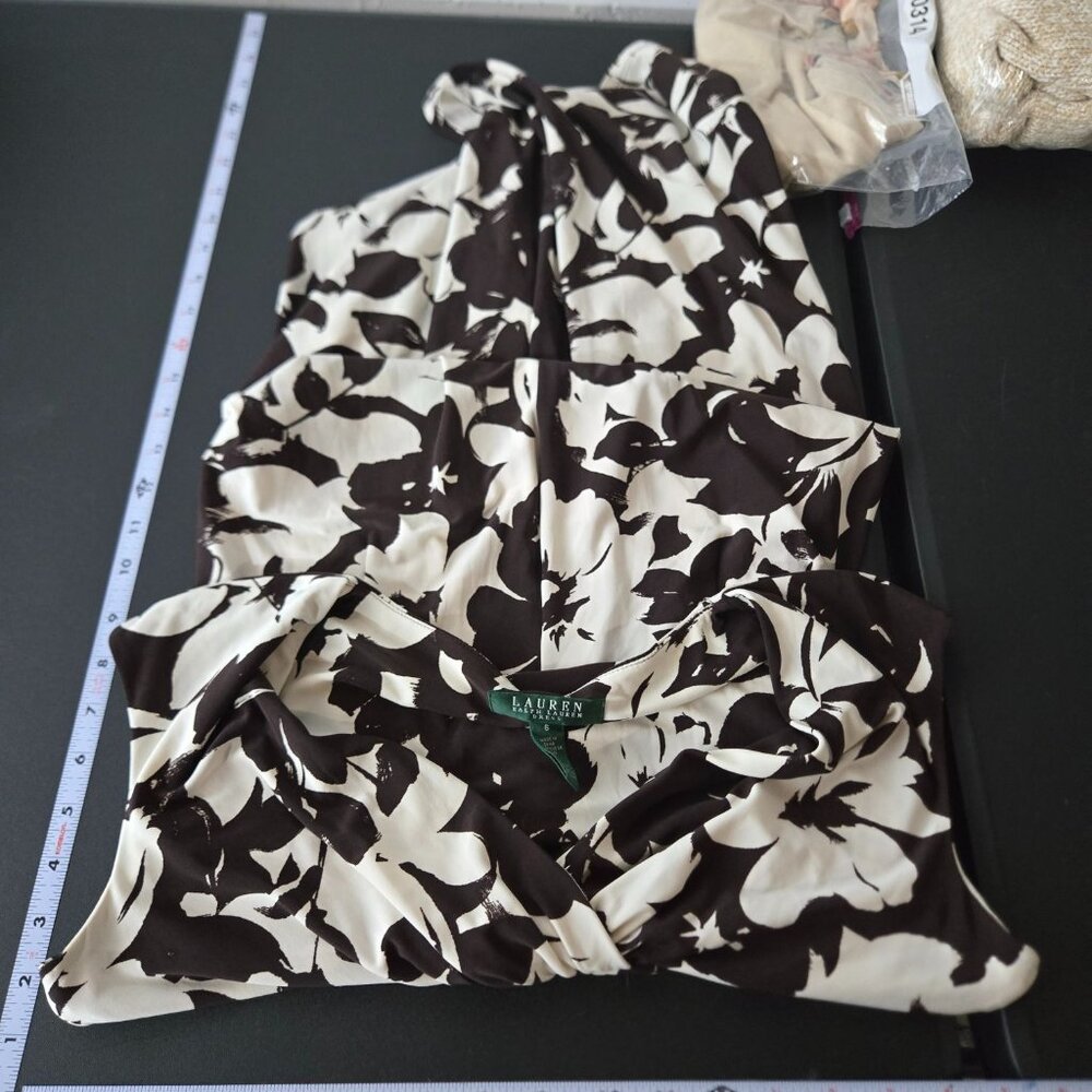 Lauren Ralph Lauren Brown Floral Sleeveless Dress 6 Stretch Ruched Career Mature - Picture 7 of 9